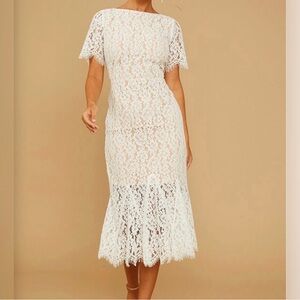 New White lace with a nude lining Classic Fitted Tea Length Dress - Large